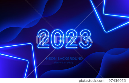 Abstract neon background. 2023 Happy new year. Lights line, luminous rays squares, neon magic sword. Motion shine blue. 97436053