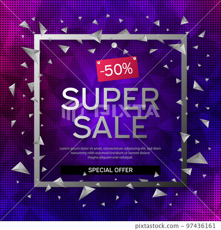 Banner super sale. Frame with black and white abstract geometric shapes around it on a blue background with abstract polygonal elements and dots. Banner super sale. Frame with black and white abstract geometric shapes around it on a blue background with abstract polygonal elements and dots. 97436161