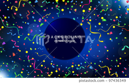 Background with bokeh effect. Elegant christmas blue background with sparkles. Vector colourful serpentine and confetti on background with a circle substrate for text. Celebration. Background with bokeh effect. Elegant christmas blue background with sparkles. Vector colourful serpentine and confetti on background with a circle substrate for text. Celebration. 97436349