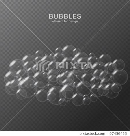 White water bubbles on transparent background with reflection. Set. Vector illustration 97436433