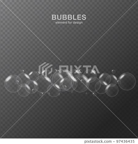White water bubbles on transparent background with reflection. Set. Vector illustration 97436435