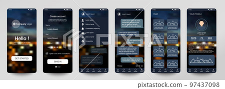 Design of mobile app, UI, UX, GUI. Set of user registration screens with login and password input, account sign in, sign up, chat room, home page. Modern Style. Minimal Application. UI Template. City 97437098