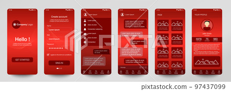 Design of mobile app, UI, UX, GUI. Set of user registration screens with login and password input, account sign in, sign up, chat room, home page. Modern Style. Minimal Application. Template 97437099