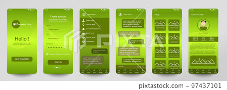 Design of mobile app, UI, UX, GUI. Set of user registration screens with login and password input, account sign in, sign up, chat room, home page. Modern Style. Minimal Application. Template 97437101