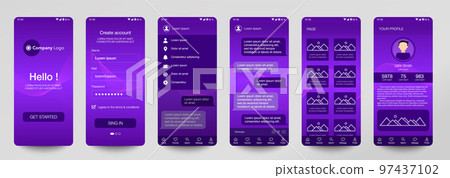 Design of mobile app, UI, UX, GUI. Set of user registration screens with login and password input, account sign in, sign up, chat room, home page. Modern Style. Minimal Application. Template 97437102