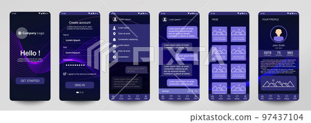 Design of mobile app, UI, UX, GUI. Set of user registration screens with login and password input, account sign in, sign up, chat room, home page. Modern Style. Minimal Application. UI Design Template 97437104