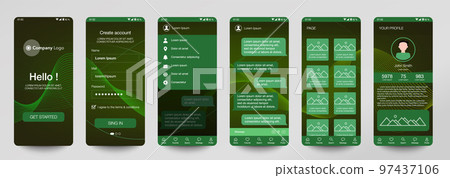 Design of mobile app, UI, UX, GUI. Set of user registration screens with login and password input, account sign in, sign up, chat room, home page. Modern Style. Minimal Application. UI Design Template 97437106