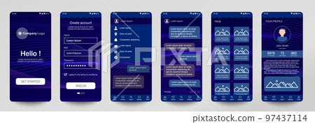 Design of mobile app Chat room, UI, UX, GUI. Set of user registration screens with login and password input, account sign in, sign up, home page. Modern Style. Minimal Application. UI Design Template 97437114