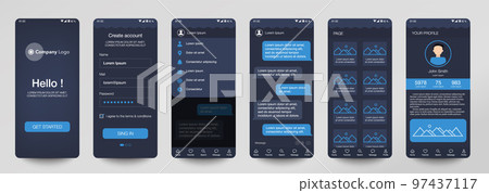 Design of mobile app Chat room, UI, UX, GUI. Set of user registration screens with login and password input, account sign in, sign up, home page. Modern Style. Minimal Application. UI Design Template 97437117