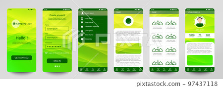 Design of mobile app, UI, UX, GUI. Set of user registration screens with login and password input, account sign in, sign up, home page. Modern Style. Minimal Application. UI Design Template. Interface 97437118