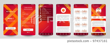 Design of mobile app, UI, UX, GUI. Set of user registration screens with login and password input, account sign in, sign up, home page. Modern Style. Minimal Application. UI Design Template. Orange 97437181