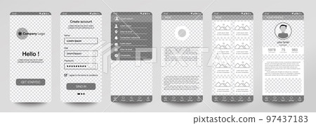 Transparent design of mobile app, UI, UX, GUI. Set of user registration screens with login and password input, account sign in, sign up, home page. Modern Style. Minimal Application.UI Design Template Transparent design of mobile app, UI, UX, GUI. Set of user registration screens with login and password input, account sign in, sign up, home page. Modern Style. Minimal Application.UI Design Template 97437183