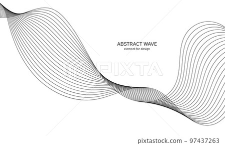 Abstract wave element for design. Digital frequency track equalizer. Stylized line art background. Vector illustration. Wave with lines created using blend tool. Curved wavy line, smooth stripe. 97437263