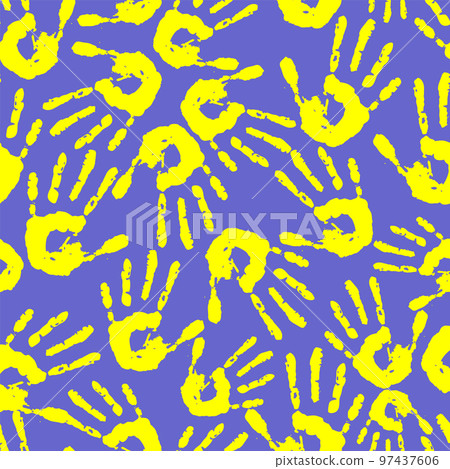 seamless pattern of yellow handprints on a blue background, texture, design seamless pattern of yellow handprints on a blue background, texture, design 97437606