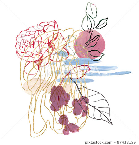 Watercolor Christmas abstract poster of linear flower, magenta, pink and gold spots. Hand painted card of plants isolated on white background. Botanical illustration for design, print, background. Watercolor Christmas abstract poster of linear flower, magenta, pink and gold spots. Hand painted card of plants isolated on white background. Botanical illustration for design, print, background. 97438159