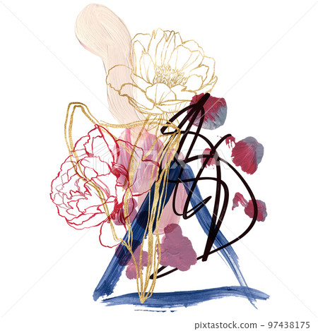 Watercolor Christmas abstract poster of linear flower, magenta, grey and gold spots. Hand painted card of plants isolated on white background. Botanical illustration for design, print, background. 97438175