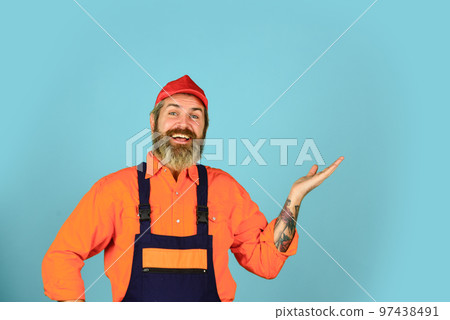 Man skillful worker. Electrician plumber handyman. Call master. Laborer. Repairman experienced worker. Construction worker. Fixing broken technics. Renovation concept. Mechanic perform technical work 97438491