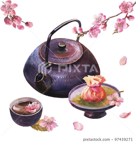 Watercolor illustration of japan tea ceremony, composition of dark purple ceramic teapot, bowl of tea, sakuramochi with tea cloth wrapping and cherry blossom twigs, isolated on white background. 97439271