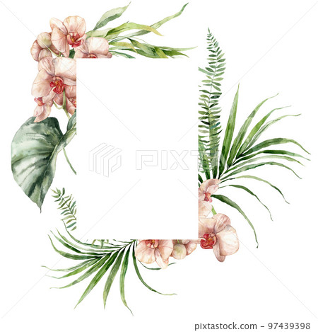 Watercolor tropical flowers frame of orchids, fern and liana. Hand painted floral border isolated on white background. Holiday Illustration for design, print, fabric or background. Watercolor tropical flowers frame of orchids, fern and liana. Hand painted floral border isolated on white background. Holiday Illustration for design, print, fabric or background. 97439398