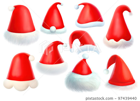 Cartoon Santa hats of different design. Set of digital illustrations isolated on white background Cartoon Santa hats of different design. Set of digital illustrations isolated on white background 97439440