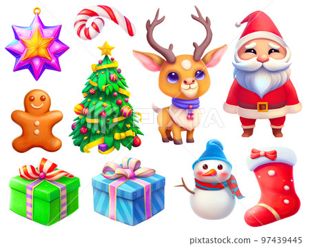 Cut out Christmas objects. Collection of cartoon illustrations isolated on white background Cut out Christmas objects. Collection of cartoon illustrations isolated on white background 97439445