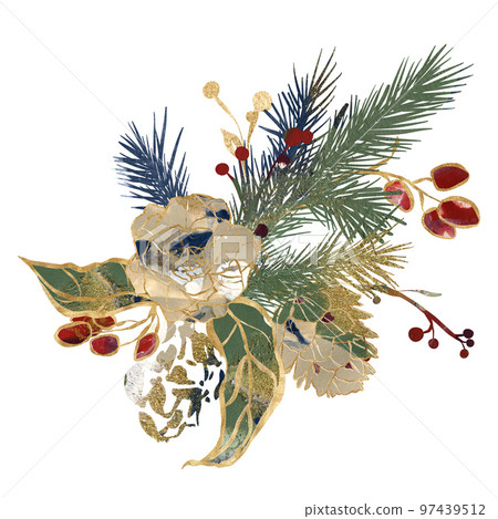 Watercolor Christmas bouquet of gold contour rose, berries and blue fir branches. Hand painted holiday card of flowers isolated on white background. Illustration for design, print or background. Watercolor Christmas bouquet of gold contour rose, berries and blue fir branches. Hand painted holiday card of flowers isolated on white background. Illustration for design, print or background. 97439512