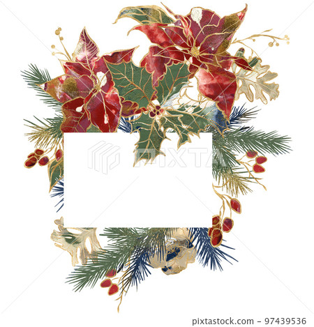 Watercolor Christmas horizontal frame of gold contour poinsettia and blue branches. Hand painted holiday card of flowers isolated on white background. Illustration for design, print or background. Watercolor Christmas horizontal frame of gold contour poinsettia and blue branches. Hand painted holiday card of flowers isolated on white background. Illustration for design, print or background. 97439536