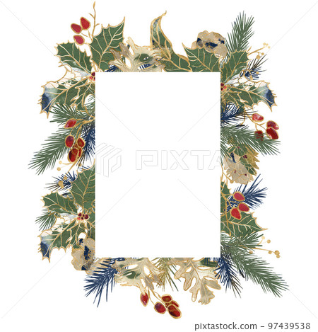 Watercolor Christmas frame of gold contour rose, berries and blue fir branches. Hand painted holiday card of flowers isolated on white background. Illustration for design, print or background. Watercolor Christmas frame of gold contour rose, berries and blue fir branches. Hand painted holiday card of flowers isolated on white background. Illustration for design, print or background. 97439538
