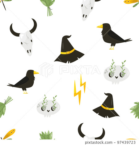 Seamless pattern with magic items, symbols and tools. Seamless pattern with magic items, symbols and tools. 97439723
