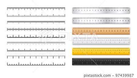 Realistic metal and plastic rulers. Measurement scales with divisions. Scale for measuring length or height in centimeters, inches. Ruler, tape measure marks, size indicators. Vector illustration 97439987