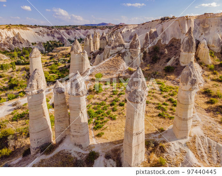 Unique geological formations in Love Valley in Cappadocia, popular travel destination in Turkey 97440445