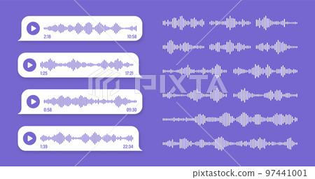 Voice, audio message, violet speech bubble. SMS text frame. Social media chat or messaging app conversation. Voice assistant, recorder. Sound wave pattern. Vector illustration 97441001