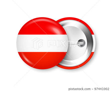 Realistic button badge with printed Austrian flag. Souvenir from Austria. Glossy pin badge with shiny metal clasp. Product mockup for advertising and promotion. Vector illustration 97441002
