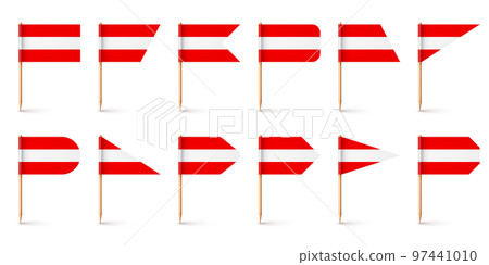 Realistic various Austrian toothpick flags. Souvenir from Austria. Wooden toothpicks with paper flag. Location mark, map pointer. Blank mockup for advertising and promotions. Vector illustration Realistic various Austrian toothpick flags. Souvenir from Austria. Wooden toothpicks with paper flag. Location mark, map pointer. Blank mockup for advertising and promotions. Vector illustration 97441010