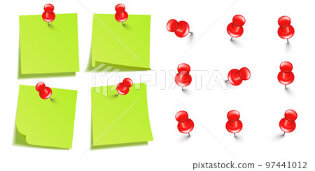 Realistic blank sticky notes isolated on white background. Green sheets of note paper with red push pins. Paper reminder and plastic pushpin with needle. Board tacks. Vector illustration Realistic blank sticky notes isolated on white background. Green sheets of note paper with red push pins. Paper reminder and plastic pushpin with needle. Board tacks. Vector illustration 97441012