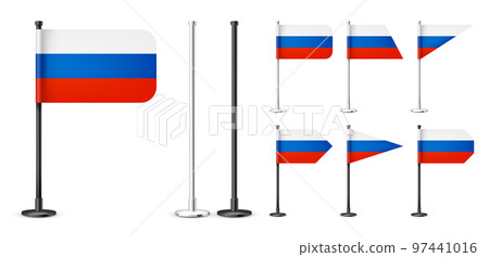 Realistic various Russian table flags on a chrome steel pole. Souvenir from Russia. Desk flag made of paper or fabric, shiny metal stand. Mockup for promotion and advertising. Vector illustration 97441016