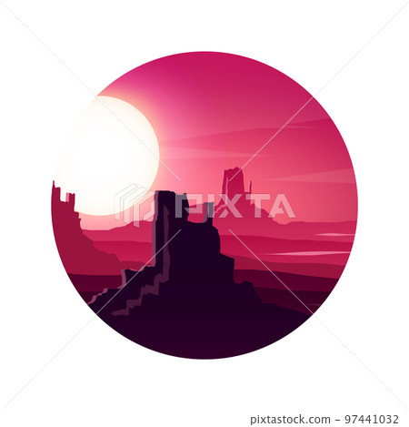 Colorful desert landscape with mountains, hills, sand dunes and deserted valleys. Desert area of Africa or Mexico. Extreme tourism and traveling. Wild West safari tour. Vector illustration Colorful desert landscape with mountains, hills, sand dunes and deserted valleys. Desert area of Africa or Mexico. Extreme tourism and traveling. Wild West safari tour. Vector illustration 97441032