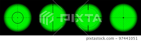 Various weapon night sights, sniper rifle optical scopes. Hunting gun viewfinder with crosshair. Aim, shooting mark symbol. Military target sign, silhouette. Game UI element. Vector illustration Various weapon night sights, sniper rifle optical scopes. Hunting gun viewfinder with crosshair. Aim, shooting mark symbol. Military target sign, silhouette. Game UI element. Vector illustration 97441051
