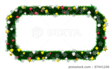 Christmas wreath-style frame material (beveled rectangle): 3D rendering of stars, orbs and snowflakes 97441206