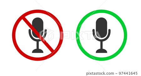 Record disabled and enabled pictograms. Sound off and on symbols in online conference. Microphone icon in red forbidden and green allowed signs 97441645