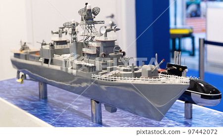 Model of a modern warship in gray at the exhibition. Model of a modern warship in gray at the exhibition. 97442072