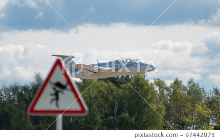The Aero L-29 Delfin training aircraft performs a training flight at the Oreshkovo airfield. 97442073