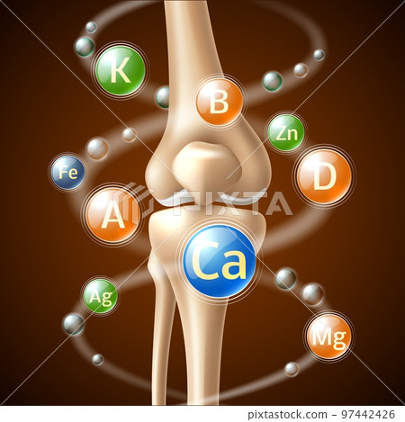 Realistic calcium. Benefits for human bones, different flying chemical elements, 3d knee joint, vitamins and minerals. Food supplement. Medical or healthcare concept, utter vector illustration 97442426