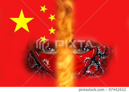 Protests China. Chinese real estate and debt crisis. Zero covid and lockdown protest in China. Young man in bandana. Fire, flame Protests China. Chinese real estate and debt crisis. Zero covid and lockdown protest in China. Young man in bandana. Fire, flame 97442632
