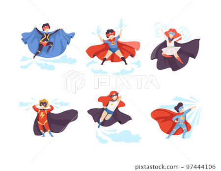 Little Boy and Girl in Superhero Cloak and Mask Having Superpower Flying Vector Set Little Boy and Girl in Superhero Cloak and Mask Having Superpower Flying Vector Set 97444106