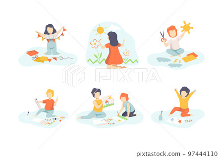 Creative Boy and Girl Making Garland and Applique, Drawing on Wall and Painting on Paper Vector Set 97444110