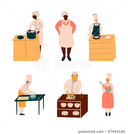 Chef Character in Apron and Toque Preparing Food at Restaurant Kitchen Vector Set 97444186