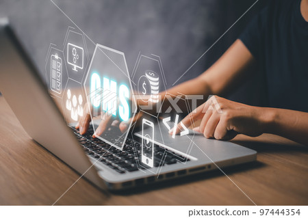 CMS, Content management system concept, Person hand using laptop computer with Content management system icon on virtual screen background, business web computer website administration. CMS, Content management system concept, Person hand using laptop computer with Content management system icon on virtual screen background, business web computer website administration. 97444354