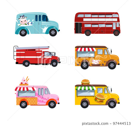 Food Truck, Bus, Milk Van and Fire Engine as City Traffic Side View Vector Set 97444513