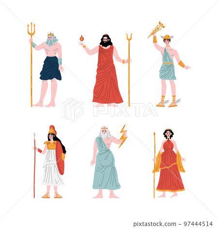 Ancient Greek God with Poseidon, Hades, Hermes, Athena, Zeus and Gera Vector Set 97444514